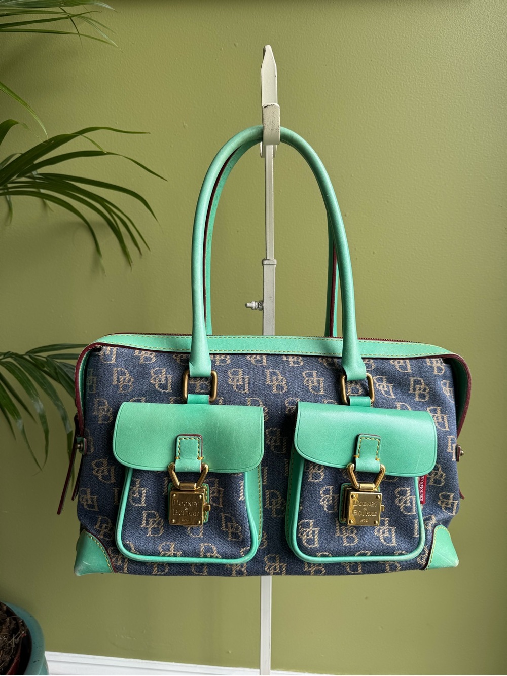 Dooney and Bourke Monogram Double Pocket Satchel in Teal and Navy